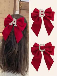 1 pieza Pinza de lazo grande con letras A-Z para el cabello de niñas - Pinzas para el cabello con lazo para niñas y adolescentes, pasadores de cocodrilo con lazos de seda para días festivos, Año Nuevo, Día de San Valentín, tocado para volver a la escuela - Rojo - Ver 5