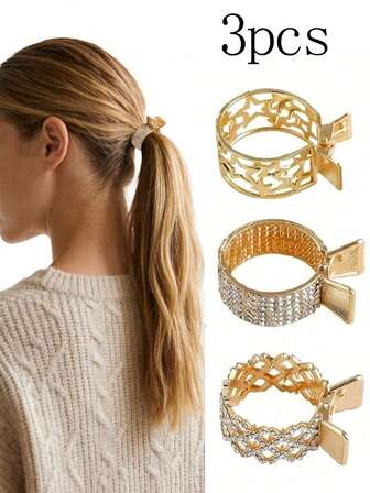 3 قطع/مجموعة مشابك شعر نسائية مزينة بالراين الذهبي المستدير، حامل ذيل الحصان العالي، مانع للانزلاق، مناسبة للاستخدام اليومي والمنزلي والخارجي والتنقل، هدية إكسسوارات الشعر