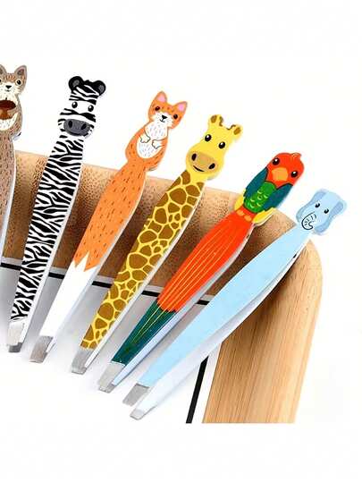 6pcs Stainless Steel Animal Shaped Eyebrow Tweezers And Eyelash Curler - Angled Tip Tweezers, Animal Shaped Tweezer Heads (Zebra, Giraffe, Lion, Fox, Bear), Precise Eyebrow Shaping And Eyelash Curling - No Power Required