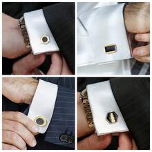 4 Pairs Classic Oil Drop Enamel Cufflinks Set For Men, Black & Gold Color, Comes With Gift Box, Suitable For Dress Shirt And Suit - Yellow Gold - View 5