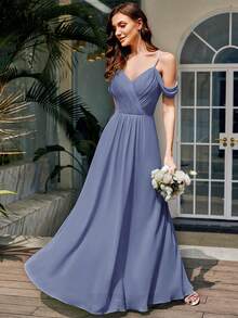 Elegant Solid Color V-Neck Ruched Lace Bridesmaid Dress In Grayish Blue, Suitable For Weddings, Birthdays, Formal Occasions And Parties Spring - Dusty Blue - View 4