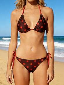 2pcs Women 2 Piece Bikini Set Dot Print Halter Neck Bra Tops And Thongs Casual Bathing Suits For Beach Pool - Đỏ - Xem 5