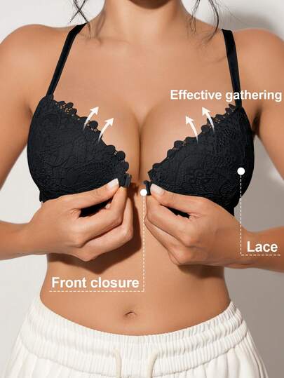 Hersunei Peach Girl Black Sexy Lace Front Closure Bra, Women's Thin Cup Comfortable Breathable Pleated Bra