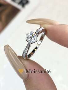 ESBERRY 1pc Moissanite Diamond Engagement Ring, S925 Sterling Silver Shiny Commitment Ring, Eternal Ring, Anniversary Ring, Luxury Jewelry Gift For Women - Silver - View 4