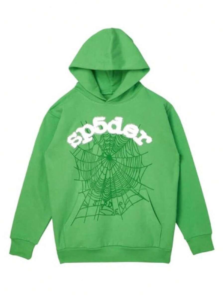 SP5DER Hoodie Cobweb Pattern Spider Worldwide Tracksuit Unisex Sweatshirt Men Women Graphic Outwear, Tracksuit Pullover Sweatshirt For Women Men Matching Hoodies For Couples - 綠色 - 查看 1
