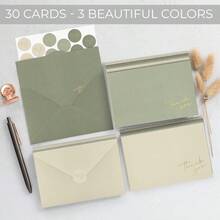 Hermoso juego de 30 tarjetas de agradecimiento con sobres y pegatinas - Elegantes tarjetas en blanco para notas personalizadas - Juego de papelería a granel perfecto para todas las ocasiones - verdeMusgo verde - Ver 4