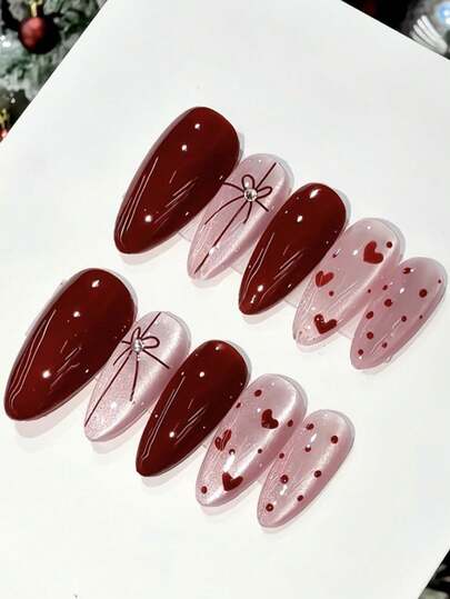Valentine's Day Heart-Shaped Acrylic Nails 24Pcs Cat Eye Holographic Medium Almond Press On Nail Tips Y2K Red/Pink 3D Fake Nail Set Featuring Bow/Heart/Diamond Decorations Suitable For Nail Salons, Girls & Women Nail Accessories For Daily Wear, Holiday Parties & Gifts Nail Supplies