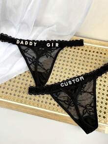 Customized Lace Funny Thong With Gold Name Pendant, Personalized Sexy Panties With Any Name, Rave - Black - View 3