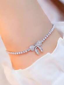 1pc New Ins Style Crystal Bow Bracelet, Adjustable Beaded Bracelet For Girls, Students, Best Friends, Couples, Birthday, New Year, Valentine's Day Gift - A - View 1