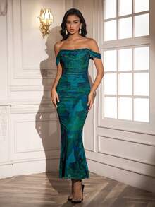 PARTHEA Off Shoulder Mermaid Hem Mesh Ruched Bodycon Long Dress Vacation - Teal Blue - View 4