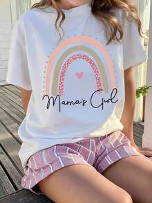 Tween Girls' Letter & Heart Print Short Sleeve Casual Loose Fit T-Shirt - White - View 1