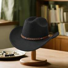 Western Style Cowgirl Cap Stylish Pentagram Leather Belt Decorated Wide Brimmed Fedora Hat For Men Women Outdoor Wear - màu đen - Xem 6