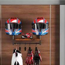 2-Helmet Wooden Wall Mount Rack With Shelf, Hooks For Jackets And Gear, Suitable For Motorcycle, Soccer And Racing Helmets - A - View 9