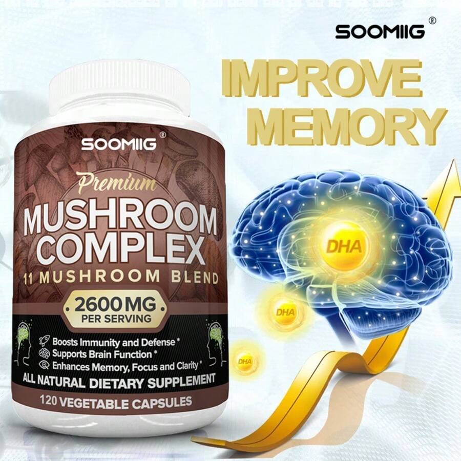 Suplemento cerebral - Suplemento de hongos de alta potencia - Con Hericium, Cordyceps y Reishi - 120 cápsulas - 1 botella - Ver 1