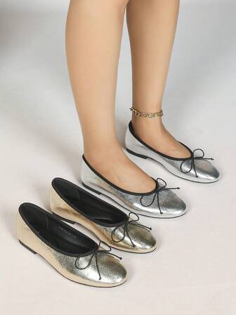 Damen Rutschfeste Schleife Ballerinas, elegante glitzernde Patchwork Rundkappenschuhe, geeignet für Büro, Lässig und Urlaub, Mary Jane Schuhe für das Büro, Ganzjährig