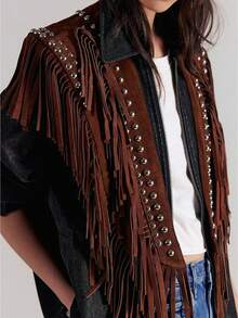 Women Vintage Western Fringe Vest Shawl Cowboy Cowgirl Clothes 70s Hippie Vest Tassel Country Concert Fringe Tops Shirts - 棕色 - 查看 1