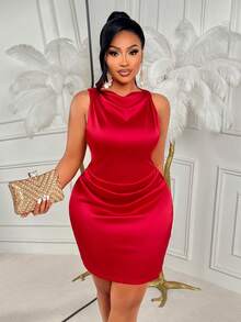 AIJ Đầm mini satin dáng chữ A trễ vai, xếp ly eo dành cho nữ cỡ lớn của Amarilo, thích hợp cho hẹn hò, dự tiệc và tiệc Giáng sinh. - Đỏ - Xem 6