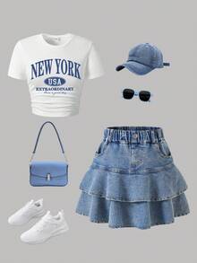 Youth Girl Cartoon Print Short Sleeve Top And Denim Skirt Set - White - View 1