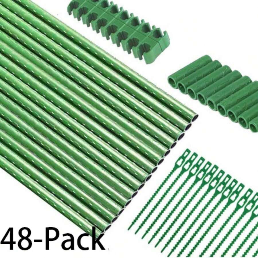 48pcs Garden Stakes Kit Plant Sticks Metal Supports & Accessories For DIY 4ft, 5ft, 6ft, 7ft Stakes For Tomato, Vegetables, Indoor & Outdoor Gardening Supplies - 綠色 - 查看 1