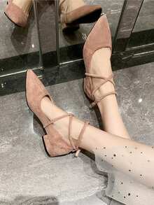 Black Criss-Cross Strap Chunky Heel Pumps, Pointed Toe Ballet Shoes Style Versatile Slip-On Shoes - Pink - View 2