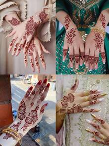 4 arkusze tatuażu z henny na rękę, brązowa henna, tymczasowe tatuaże, wodoodporne naklejki z mandalą, szablony z henny, tatuaż mehndi, czerwony, seksowne dekoracje ramadanowe na festiwal, wesele, walentynki - Brązowy - Zobacz 2