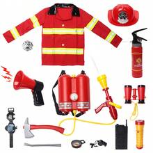 Conjunto de juego de roles de bombero para niños, para que niños y niñas se involucren en juegos de roles, desarrollando conciencia de contra incendios, equipado con accesorios realistas de bombero, que incluyen un extintor con rociador de agua, mochila de bombero con pistola de agua, linterna, megáfono, reloj, hacha contra incendios, uniforme de bombero, insignia de bombero, adecuado para uso en exteriores, sala de estar, actuaciones en el escenario, juego de roles, regalo de cumpleaños - Multicolor - Ver 2