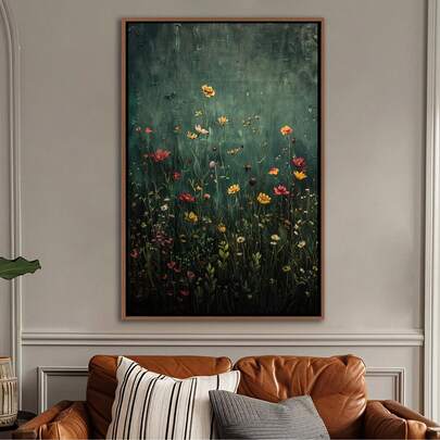 1pc Vintage Botanical Canvas Wall Art, Wildflower Field Floral Landscape Canvas Print, Rustic Modern Farmhouse Style Wall Decor, Soft Green Flower Field Artwork, Minimal Nature Art, No Frame, Cozy Home Decor For Living Room Decor Bedroom Decor Wall Art, Cottagecore Floral Canvas Wall Art For Home Decor