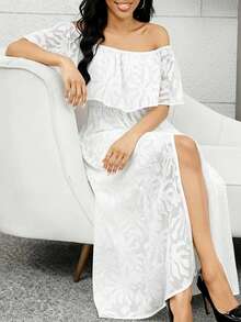 White Layered Off-Shoulder Dress With Lining, High Slit, Elegant Woven Fabric, Suitable For Weddings, Summer Clothes, Vacation Outfits, White Graduation Dress - White - View 5