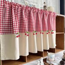 1 pieza Cortina corta romántica y linda con decoración de cereza pequeña, Cortinas pequeñas para ventana de cocina, Cortinas de cocina para apartamento, Volante de ventana de cocina - Rojo - Ver 4