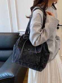 New Fashionable Casual Solid Color Washed Canvas Drawstring Tote Bag, Multi-Pocket Commuter & Shopping Shoulder Bag For Women - Black - View 5