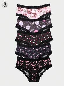 Dircho 5 Packs Women's Aesthetic Print Panties – Cookie & Moon & Star & Heart & Bat Patterns, Lace Trim & Soft Comfortable Fabric | Daily Underwear - Multicolor - View 1