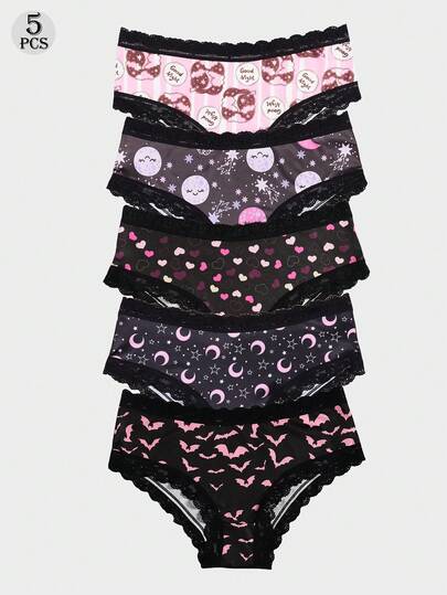 Dircho 5 Packs Women's Aesthetic Print Panties – Cookie & Moon & Star & Heart & Bat Patterns, Lace Trim & Soft Comfortable Fabric | Daily Underwear