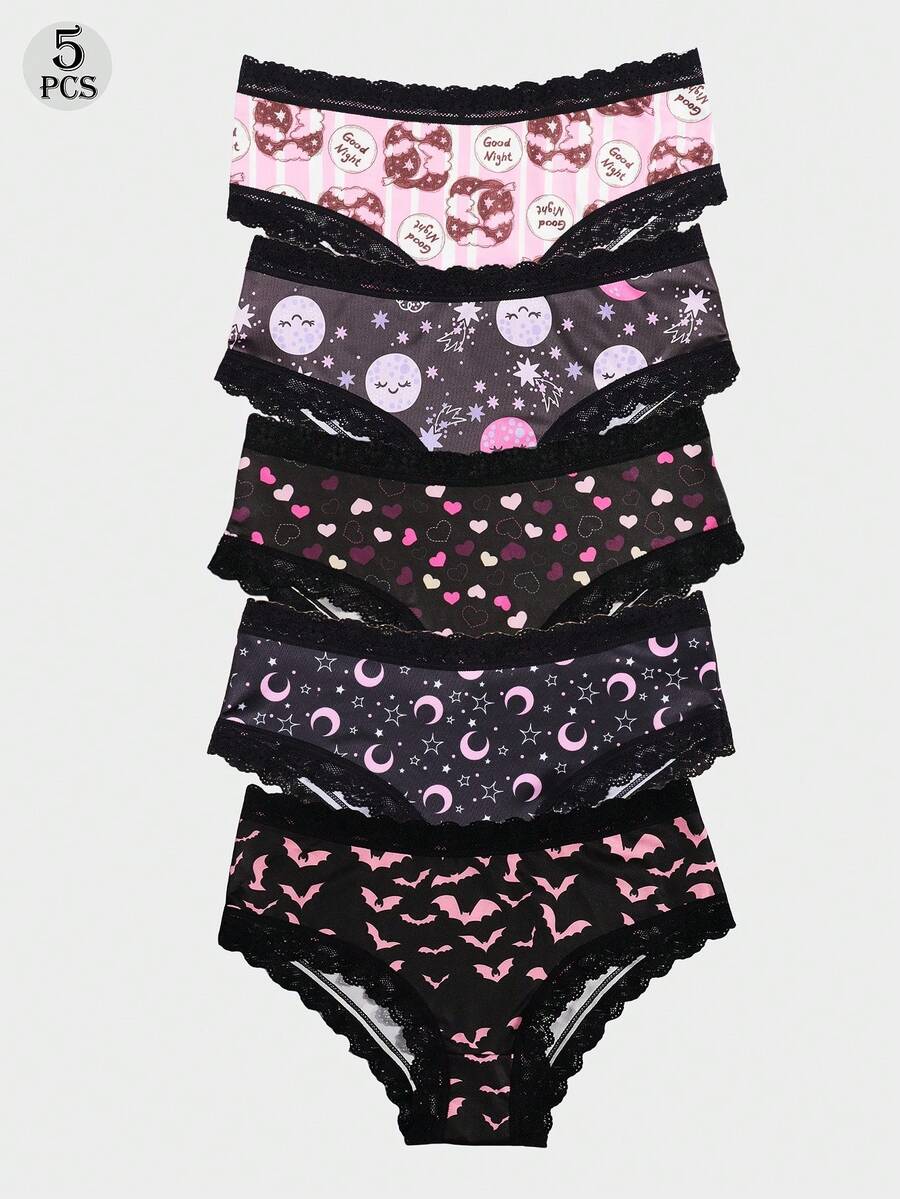 Dircho 5 Packs Women's Aesthetic Print Panties – Cookie & Moon & Star & Heart & Bat Patterns, Lace Trim & Soft Comfortable Fabric | Daily Underwear - Multicolor - View 1