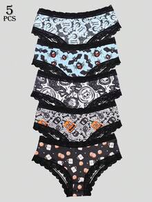 Dircho 5 Packs Women's Aesthetic Print Panties – Gothic Bat/Skull & Fun Patterns, Lace Trim, Soft Breathable Fabric | Daily Underwear - Multicolor - View 1