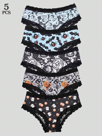 Dircho 5-pack damtrosor med estetiskt tryck – gotiska fladdermus-/dödskalle- och roliga mönster, spetskant, mjukt och andningsbart tyg | Vardagsunderkläder