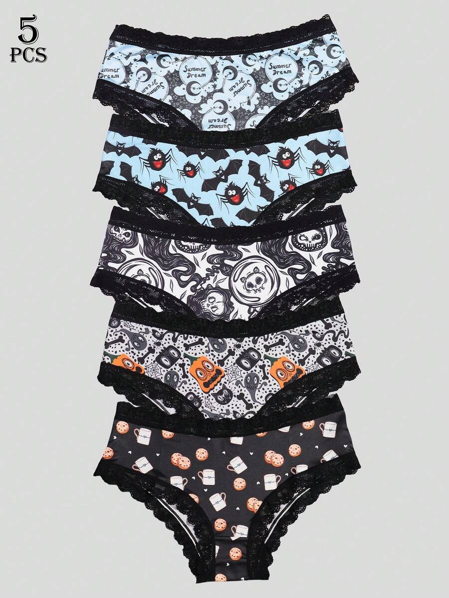 Dircho 5 Packs Women's Aesthetic Print Panties – Gothic Bat/Skull & Fun Patterns, Lace Trim, Soft Breathable Fabric | Daily Underwear - Multicolor - View 1