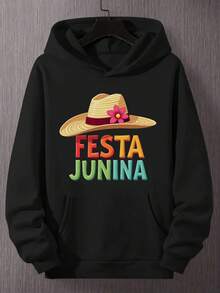 Herren Plus Size Festa Junina Hoodie - Blumen- und geometrisches Musterdesign, lässige, lockere Passform, mit Kordelzug, schwarz, mit farbenfrohem Text und Hut-Motiven, für Sommerfeiern, Festival-Hoodie. |   Hoodie mit Blumenmuster |   Bequemer Hoodie mit guter Passform - Schwarz - Übersicht 1
