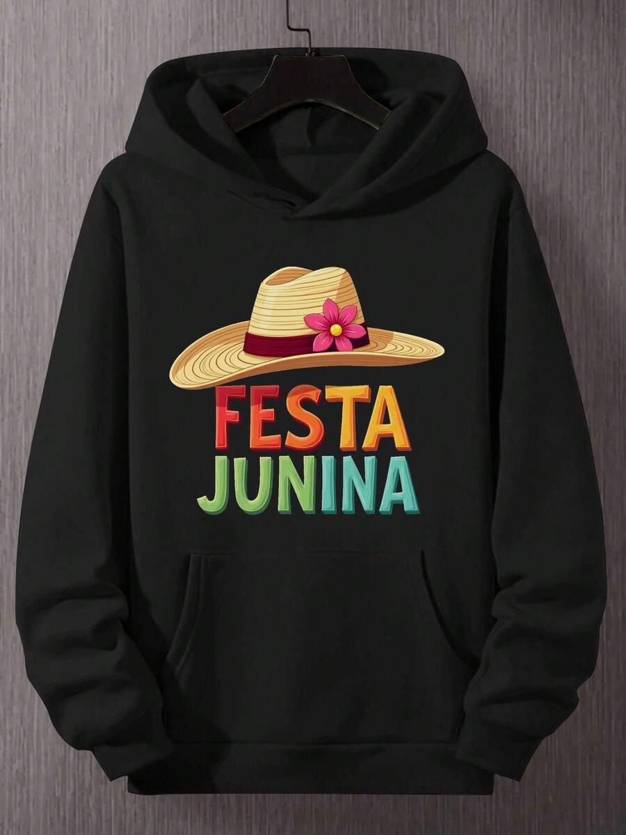 Herren Plus Size Festa Junina Hoodie - Blumen- und geometrisches Musterdesign, lässige, lockere Passform, mit Kordelzug, schwarz, mit farbenfrohem Text und Hut-Motiven, für Sommerfeiern, Festival-Hoodie. | Hoodie mit Blumenmuster | Bequemer Hoodie mit guter Passform - Schwarz - Übersicht 1