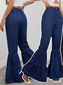 Flared Jeans With Layered Ruffle Hem Design, Elegant Casual Summer Women's Wear, Fashionable Retro Street Style, OL Commute Long Denim Pants - Dark Wash - View 2