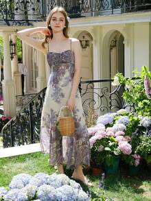 女士夏季波西米亚度假风印花褶皱打结吊带连衣裙 - 紫色 - 查看 1