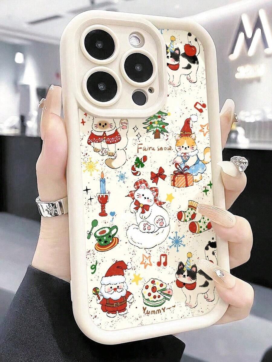 Una linda funda para teléfono móvil con temática navideña que presenta un pequeño gato. Tiene una sensación cómoda y puede proteger eficazmente su teléfono de golpes y caídas. Compatible con iPhone Phone11-16. - Blanco - Ver 1