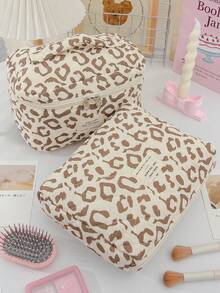 1pc Quilted Leopard Print Design Cosmetic Bag, Vintage Leopard Print Design Cosmetic Bag Makeup Bag Make Up Bag Makeup Pouch Toiletry Bag Wash Bag Travel Essential Cruise Essential Vacation Essentials For Men Women Travel Containers Holiday Essential Gifts For Women - Brown - View 18