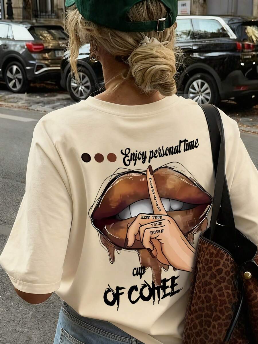 夏季新款简约时尚INS吸睛美式咖啡手势印花休闲圆领短袖T恤，时尚百搭女式上衣 - 杏色 - 查看 1