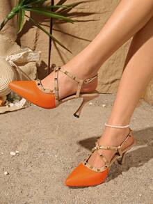 Spring/Summer Fashionable Rivet Criss-Cross Closed Toe Stiletto High Heel Sexy Roman Sandals - Orange - View 4
