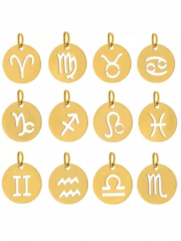 1 Box/12pcs 12mm Stainless Steel 12 Zodiac Sign Golden Charm Pendants With 3mm Hole, Flat Round Pendants Suitable For DIY Jewelry Crafting