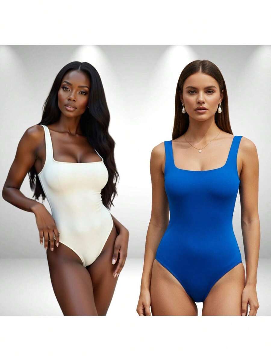 SET OF 2 Women's Square Neck Tank Top Bodysuits With Thin Straps In Spandex - ROYAL WHITE aND BLUE - View 1