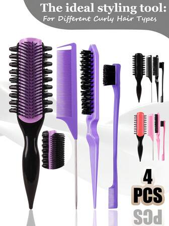 4pcs Hair Brush With Hair Styling Comb Set, New Edition Nine-Row Comb, Curl Defining Brush For Defining Curls, Edge Groove Design On Both Sides, Easy To Separate Curls, Dual Edge Brushes Keeps Edges And Flyaway Smooth, The Bristle Brush Help To Distribute Hair Wax From Your Roots To Your Ends To Smooth Your Hair
