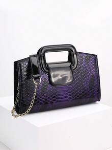 Snake Print Clutch Bag, Women's Glossy Top Handle Evening Bag, Detachable Chain Crossbody Purse For Party & Wedding - 紫色 - 查看 2