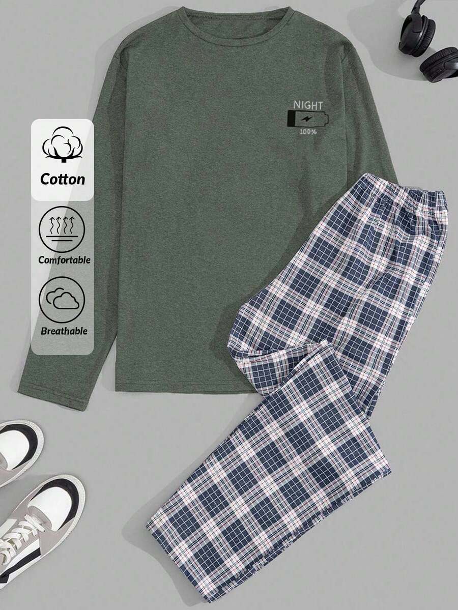 Men Cottonline Printed Casual Regular Loungewear Set - Army Green - View 1