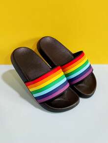 1 Pair Kids' Color Block Non-Slip Flat Slippers, Suitable For Indoor & Outdoor Wear, Home, Bathroom, Spring/Summer - Black - View 7